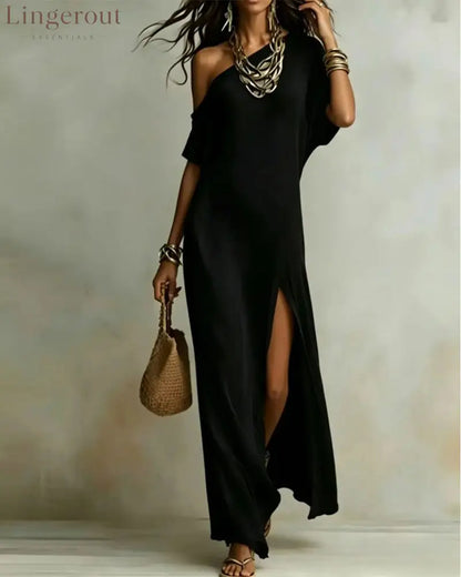 Slash Shoulder Slit Dress - Black / S