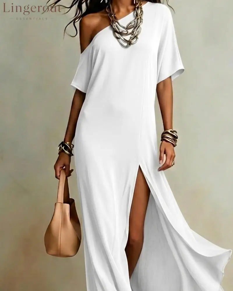 Slash Shoulder Slit Dress - White / S