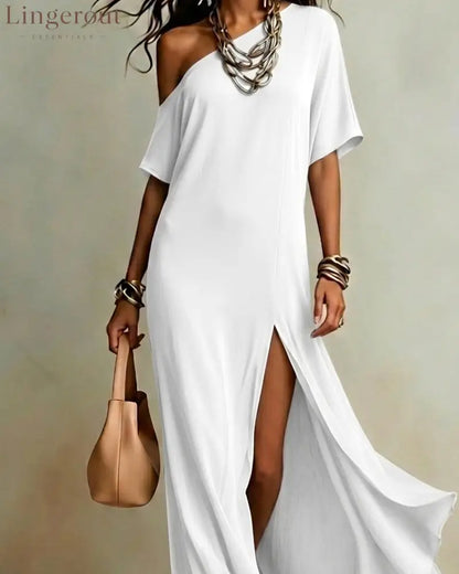 Slash Shoulder Slit Dress - White / S