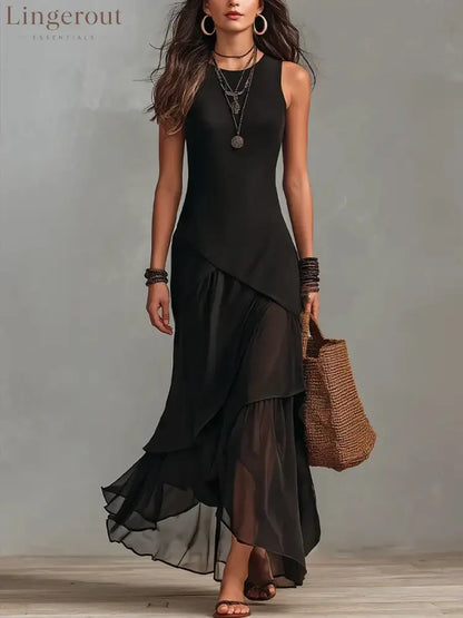 Sleeveless Asymmetric Layered Chiffon Maxi Dress
