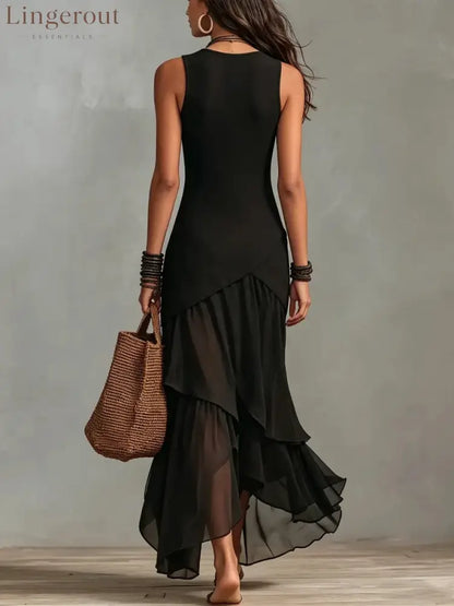 Sleeveless Asymmetric Layered Chiffon Maxi Dress