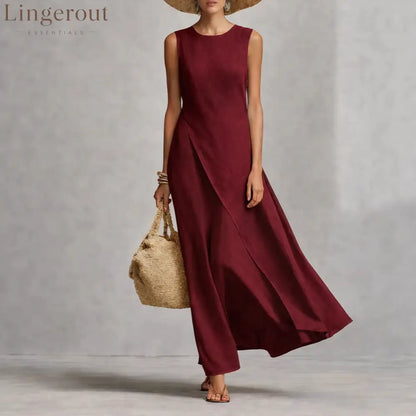 Sleeveless Asymmetrical Linen Maxi Dress - Burgundy / XS