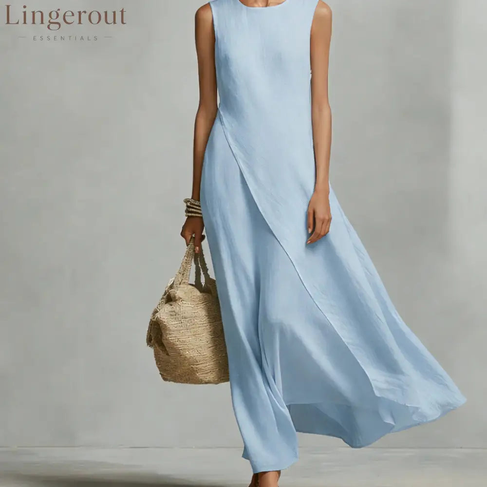 Sleeveless Asymmetrical Linen Maxi Dress - Light blue / XS