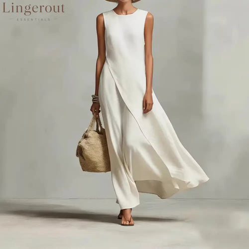 Sleeveless Asymmetrical Linen Maxi Dress - Off white / XS
