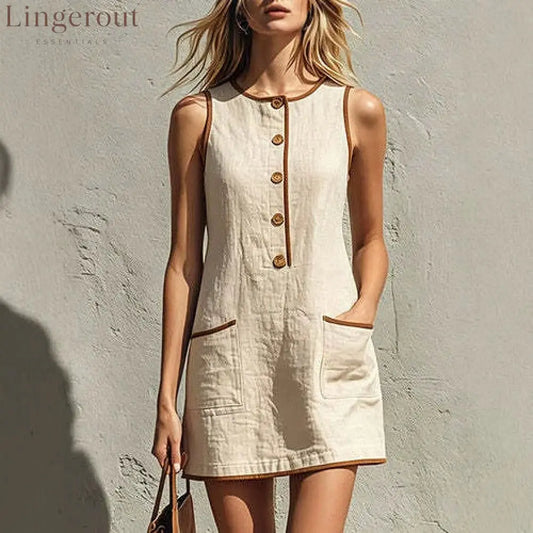 Sleeveless Button Front Casual Mini Dress with Pockets