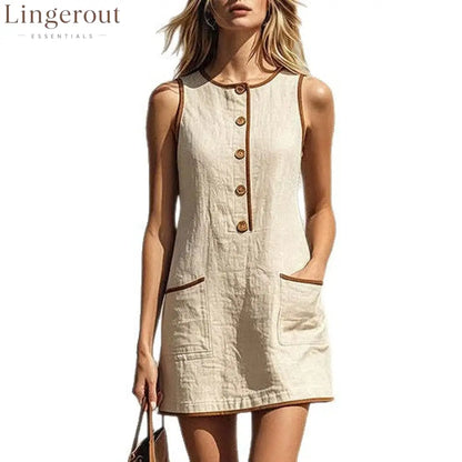 Sleeveless Button Front Casual Mini Dress with Pockets