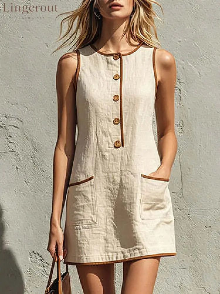 Sleeveless Button Front Casual Mini Dress with Pockets - Off white / S
