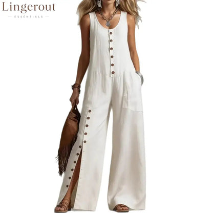 Sleeveless Button Front Side Slit Wide Leg Linen Jumpsuit