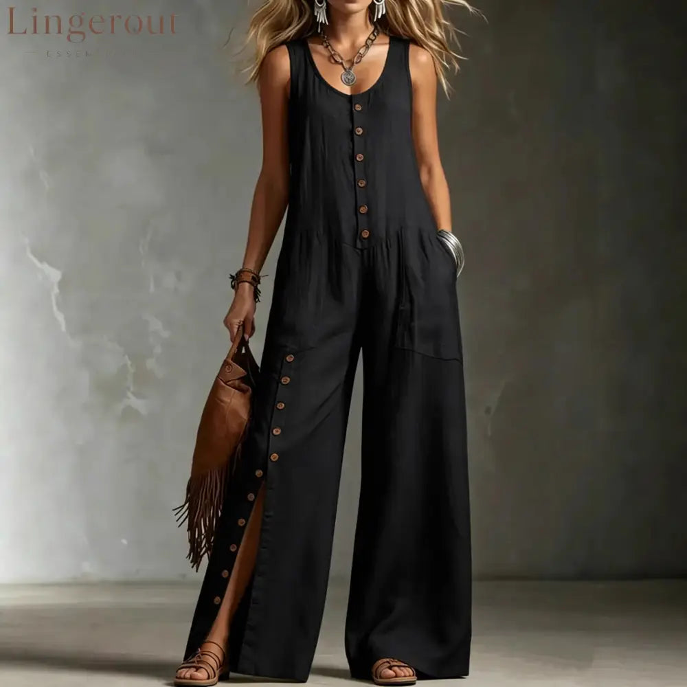 Sleeveless Button Front Side Slit Wide Leg Linen Jumpsuit - Black / S