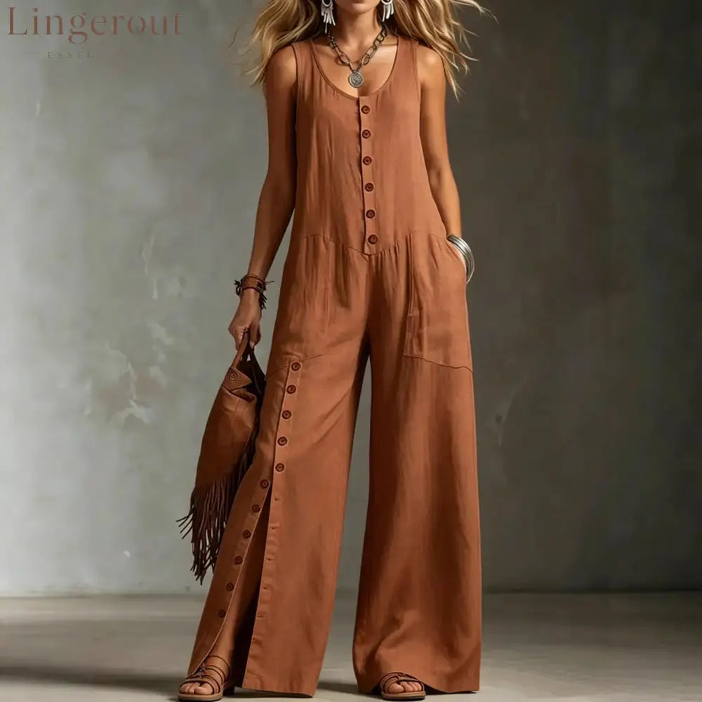 Sleeveless Button Front Side Slit Wide Leg Linen Jumpsuit - Caramel color / S