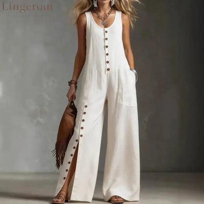 Sleeveless Button Front Side Slit Wide Leg Linen Jumpsuit - White / S