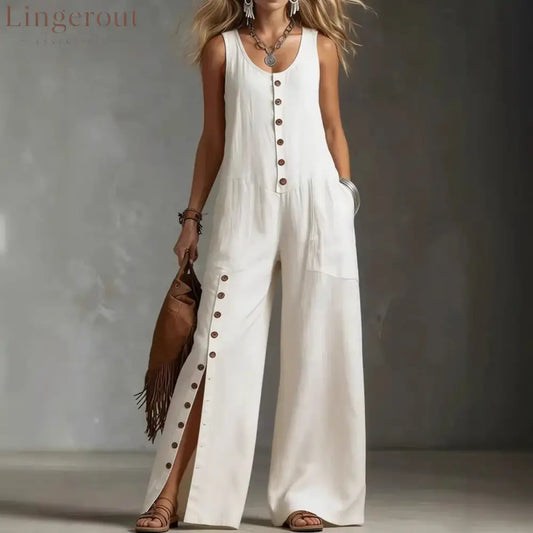 Sleeveless Button Front Side Slit Wide Leg Linen Jumpsuit - White / S
