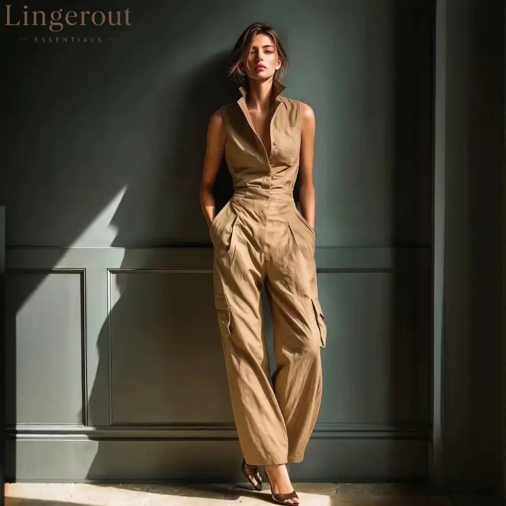 Sleeveless Collar Shirt Cargo Wide Leg Jumpsuit