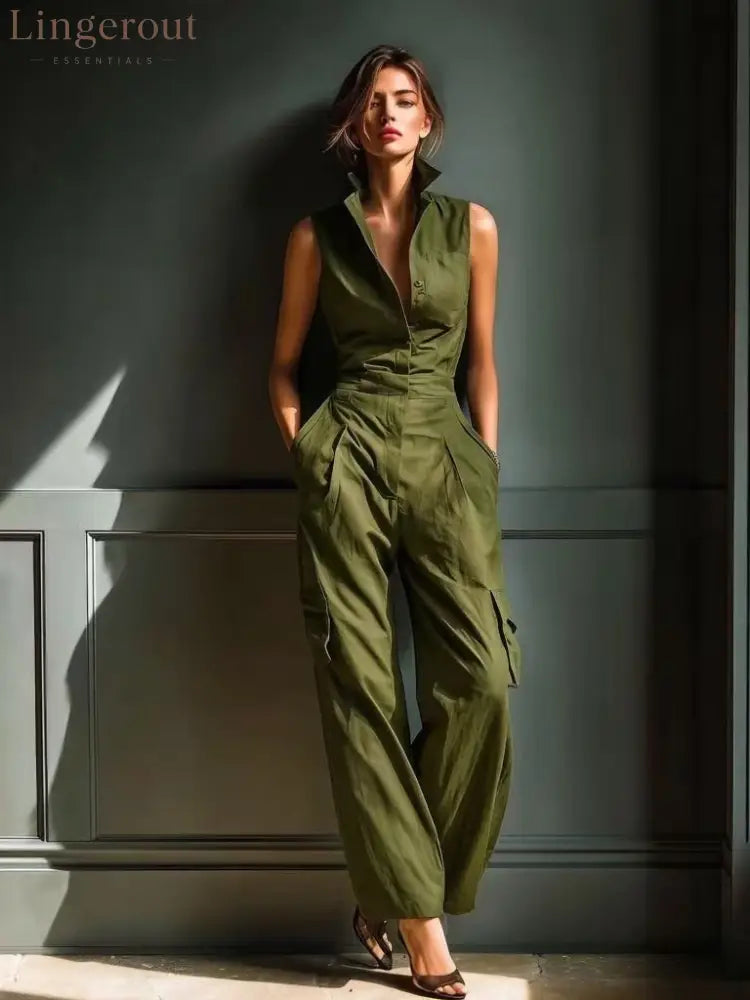 Sleeveless Collar Shirt Cargo Wide Leg Jumpsuit - Army green / S