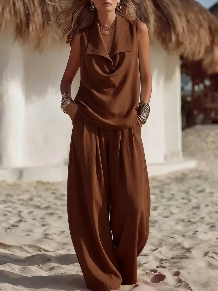 Sleeveless Collar Top & Wide Leg Vacation Pants - Dark brown / S