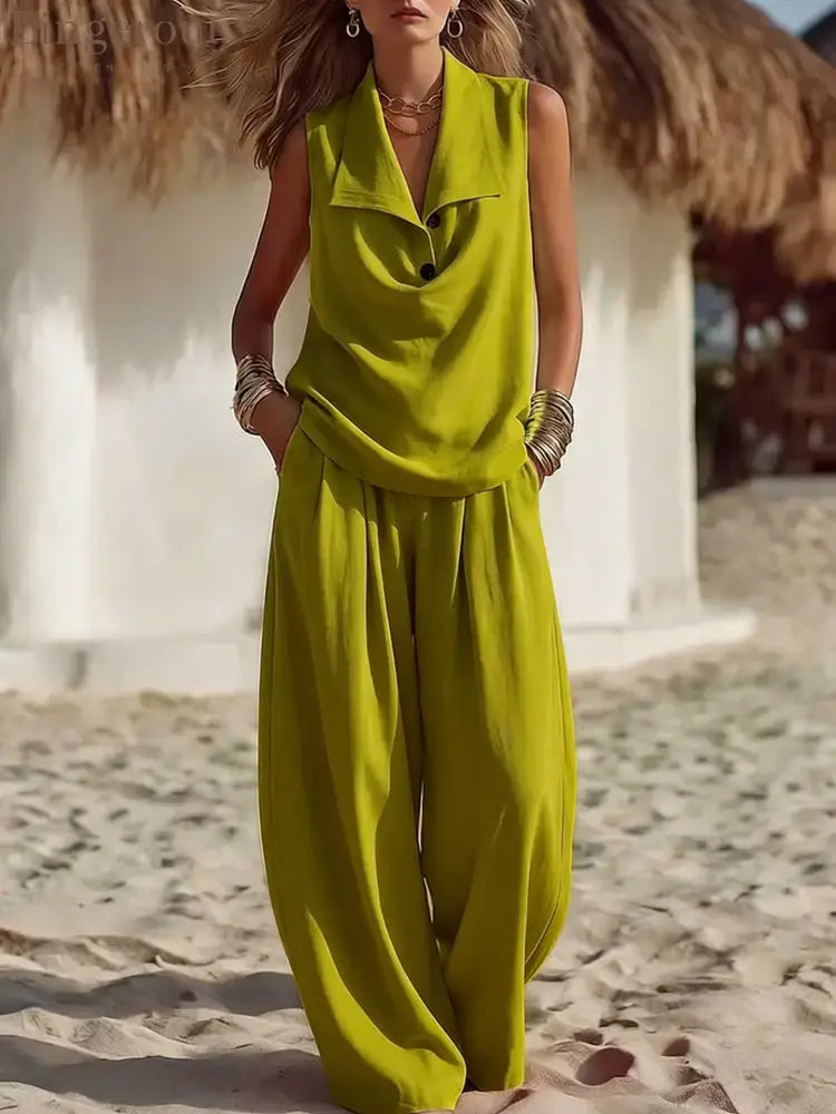 Sleeveless Collar Top & Wide Leg Vacation Pants - Olive color / S