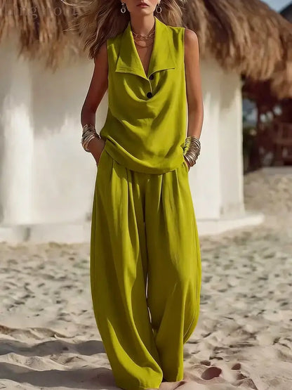 Sleeveless Collar Top & Wide Leg Vacation Pants - Olive color / S