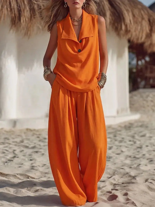 Sleeveless Collar Top & Wide Leg Vacation Pants - Orange red / S