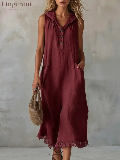 Sleeveless Collared Half Button Lace Hem Linen Midi Dress - Claret / S