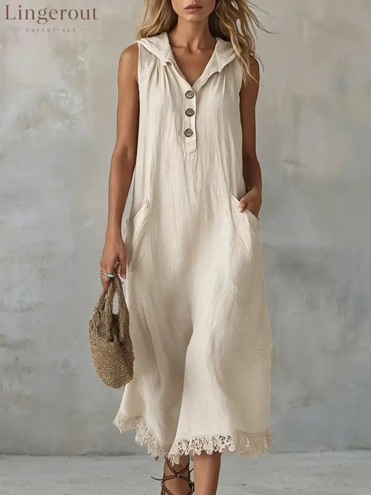 Sleeveless Collared Half Button Lace Hem Linen Midi Dress - White / S
