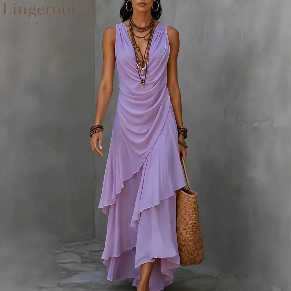 Sleeveless Draped V-Neck Asymmetrical Ruffle Maxi Dress