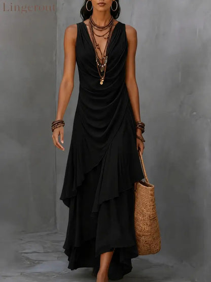 Sleeveless Draped V-Neck Asymmetrical Ruffle Maxi Dress - Black / S