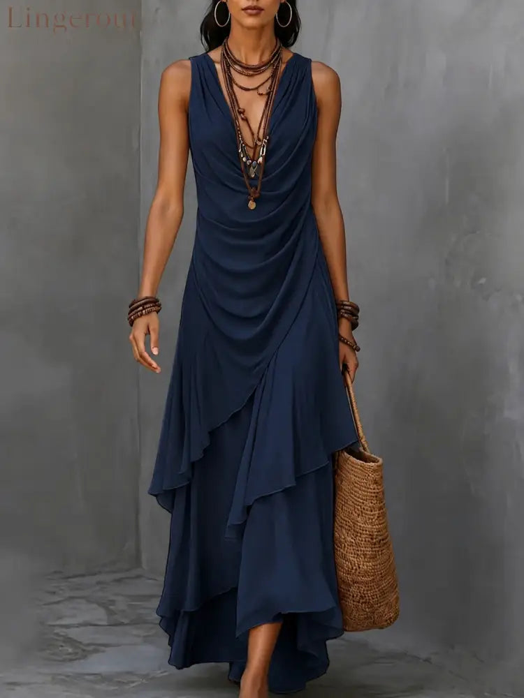 Sleeveless Draped V-Neck Asymmetrical Ruffle Maxi Dress - Dark blue / S