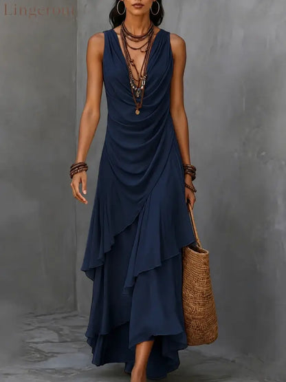 Sleeveless Draped V-Neck Asymmetrical Ruffle Maxi Dress - Dark blue / S