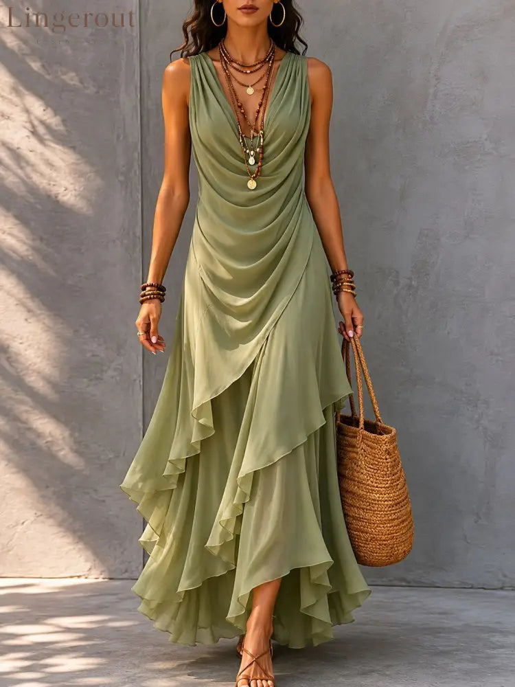 Sleeveless Draped V-Neck Asymmetrical Ruffle Maxi Dress - Light green / S