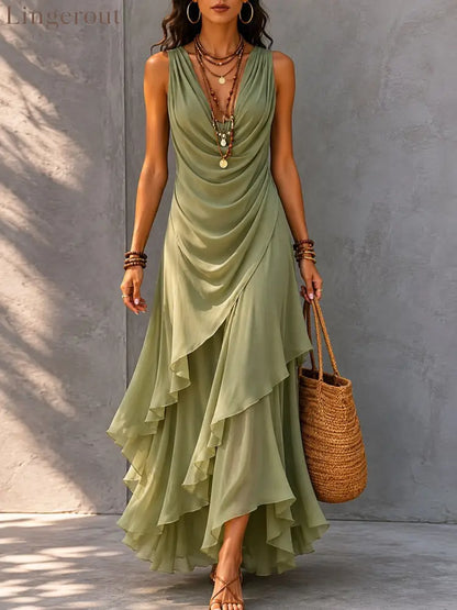 Sleeveless Draped V-Neck Asymmetrical Ruffle Maxi Dress - Light green / S