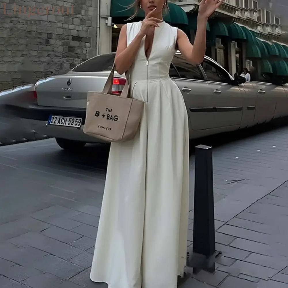 Sleeveless Front Zip Pleated Wide‑Leg Jumpsuit