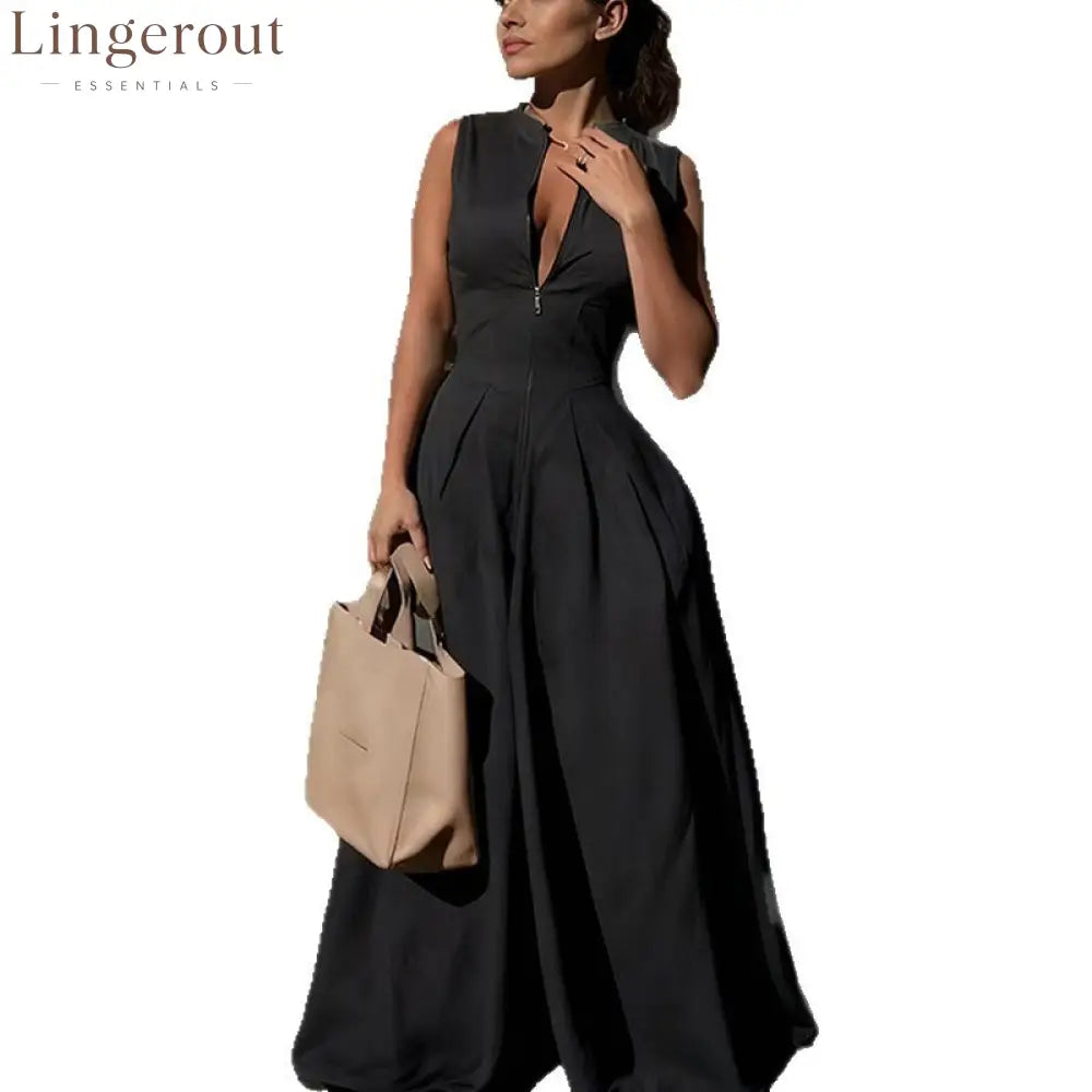 Sleeveless Front Zip Pleated Wide‑Leg Jumpsuit