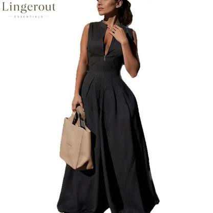 Sleeveless Front Zip Pleated Wide‑Leg Jumpsuit