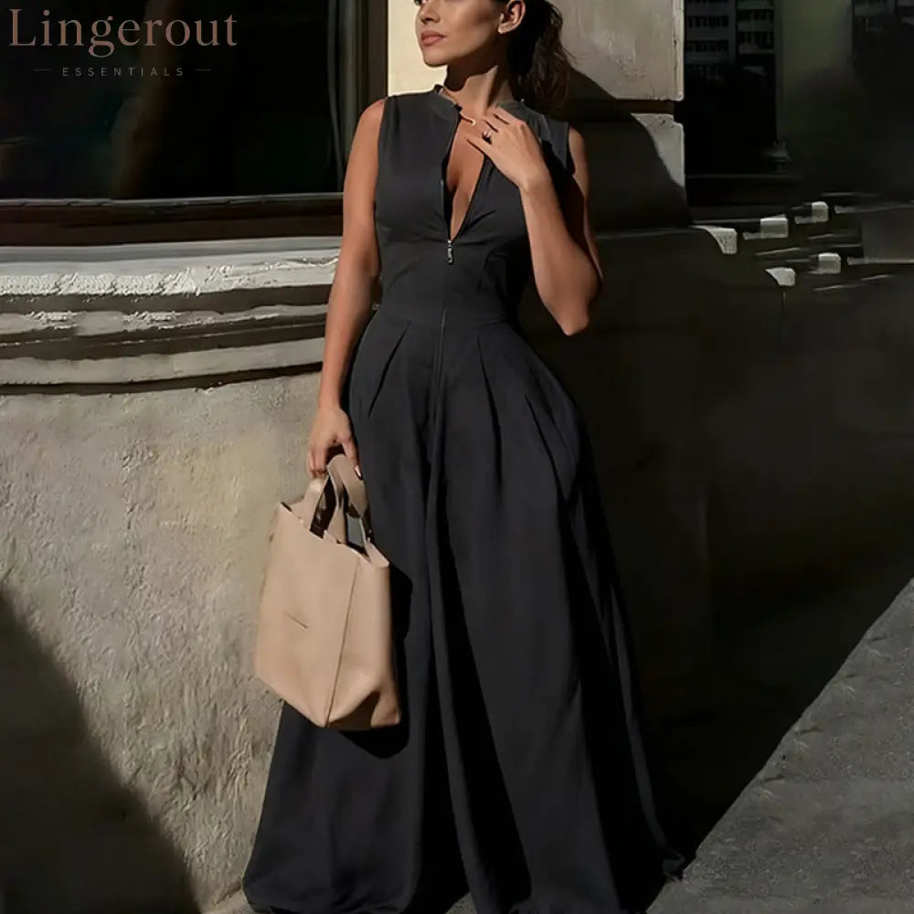 Sleeveless Front Zip Pleated Wide‑Leg Jumpsuit - black / S