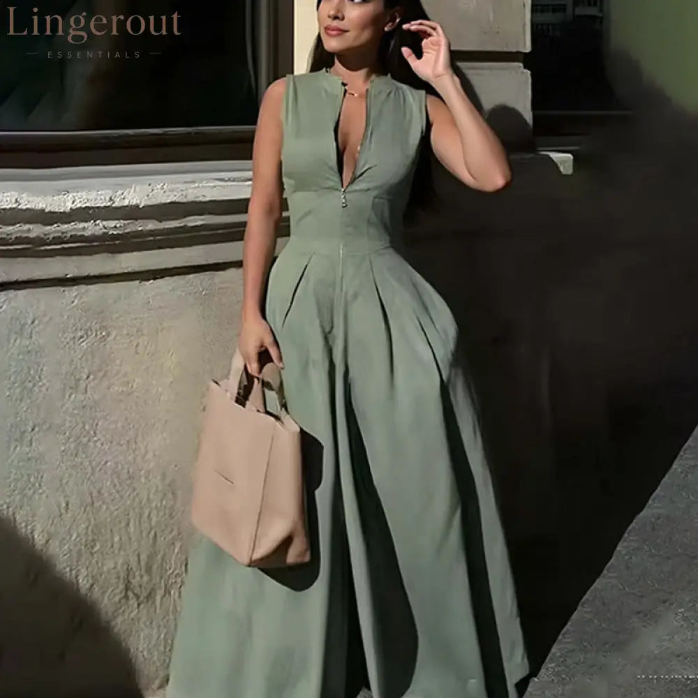 Sleeveless Front Zip Pleated Wide‑Leg Jumpsuit - green / S
