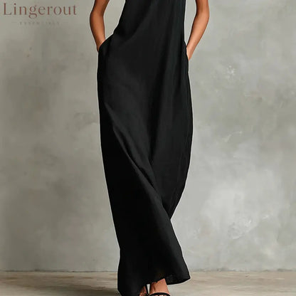 Sleeveless High Neck Linen Maxi Shift Dress