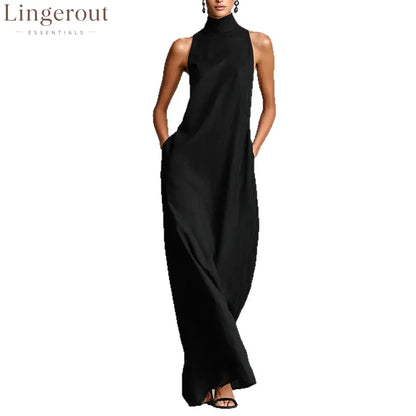 Sleeveless High Neck Linen Maxi Shift Dress