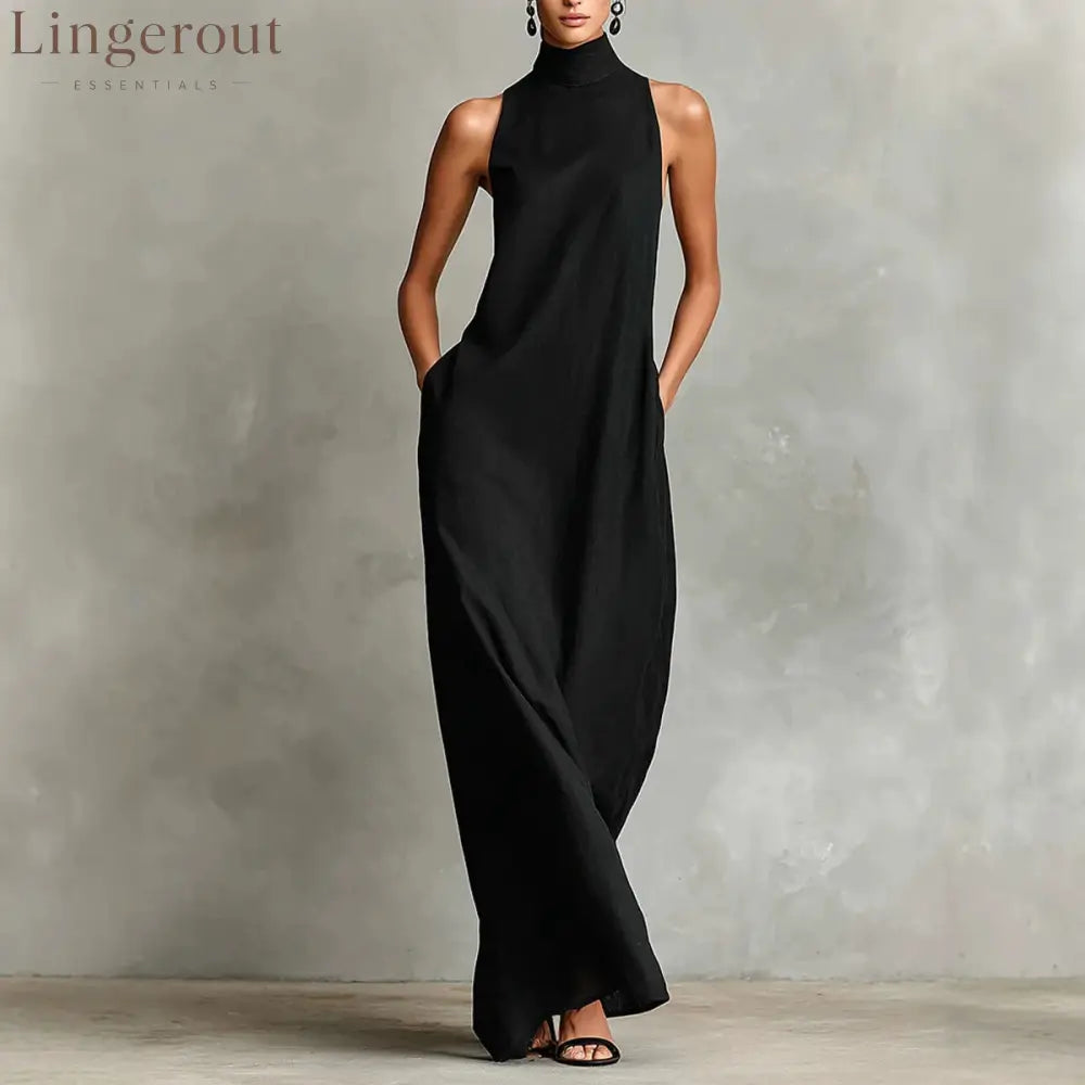 Sleeveless High Neck Linen Maxi Shift Dress