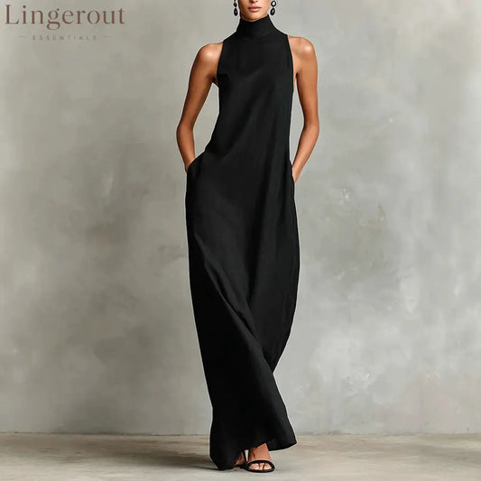 Sleeveless High Neck Linen Maxi Shift Dress