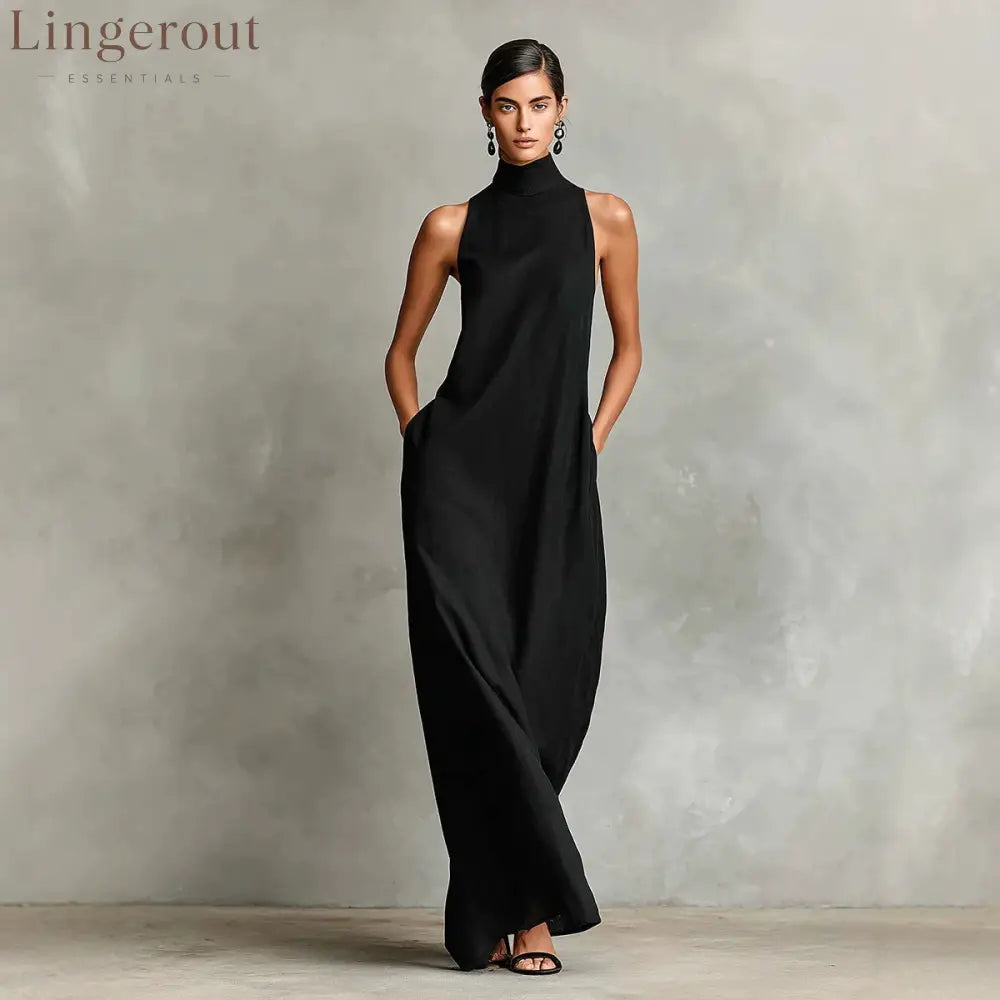 Sleeveless High Neck Linen Maxi Shift Dress