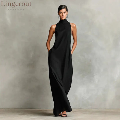 Sleeveless High Neck Linen Maxi Shift Dress