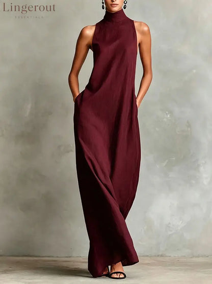 Sleeveless High Neck Linen Maxi Shift Dress - Claret / XS
