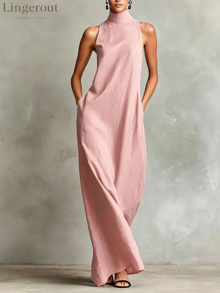 Sleeveless High Neck Linen Maxi Shift Dress - Pink / XS