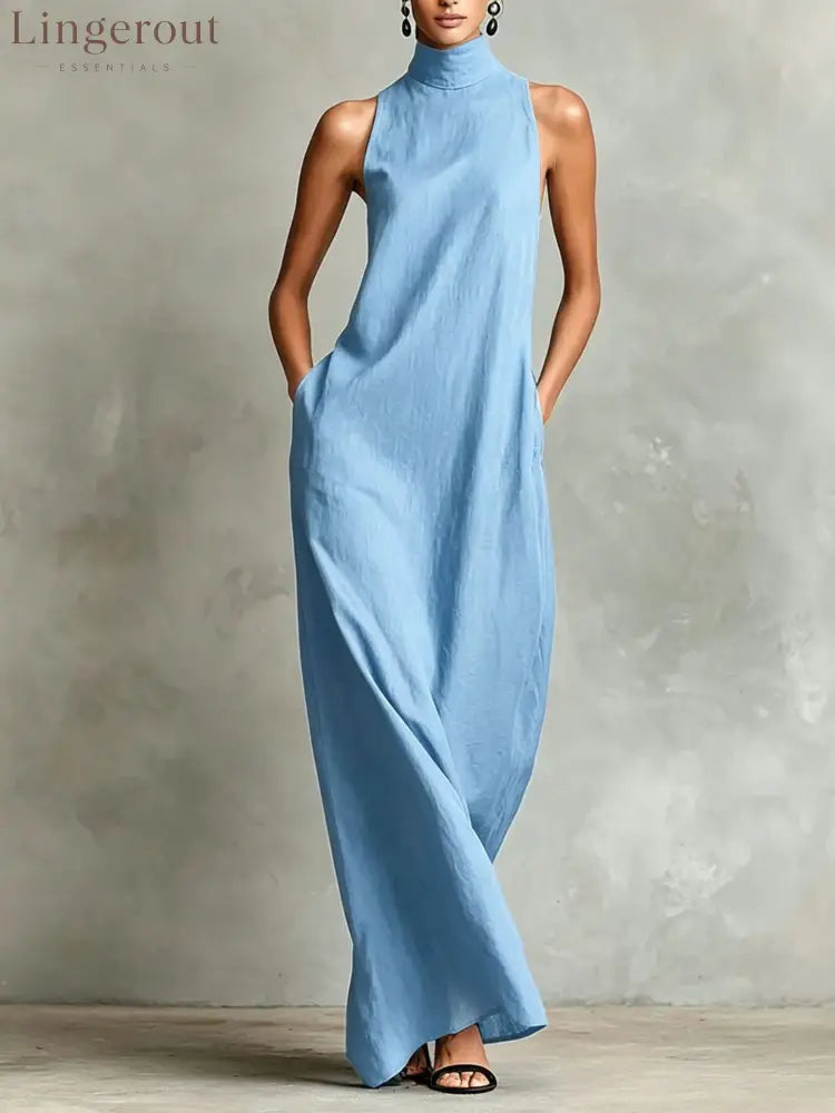 Sleeveless High Neck Linen Maxi Shift Dress - Sky blue / XS