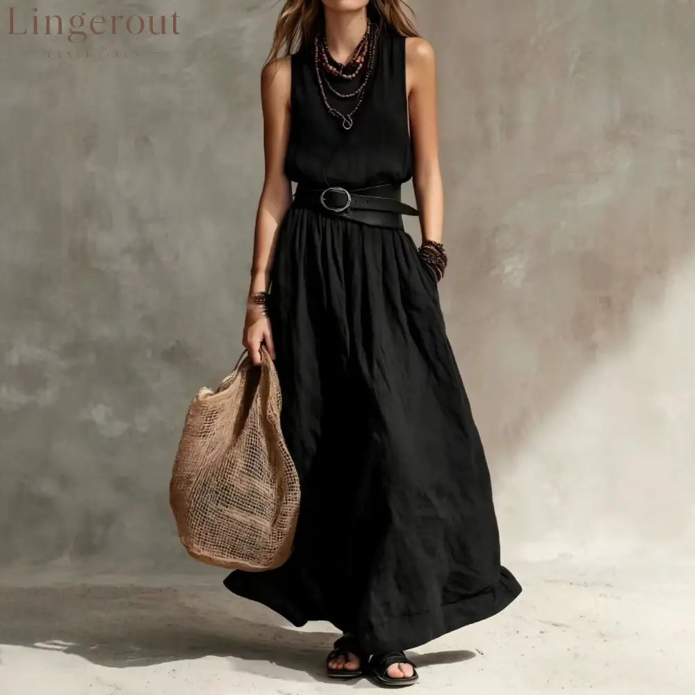 Sleeveless High-Neck Maxi Dress with Belt