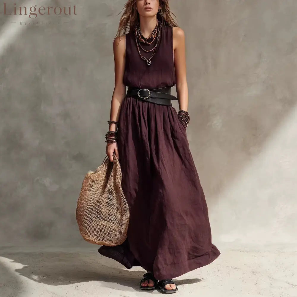 Sleeveless High-Neck Maxi Dress with Belt