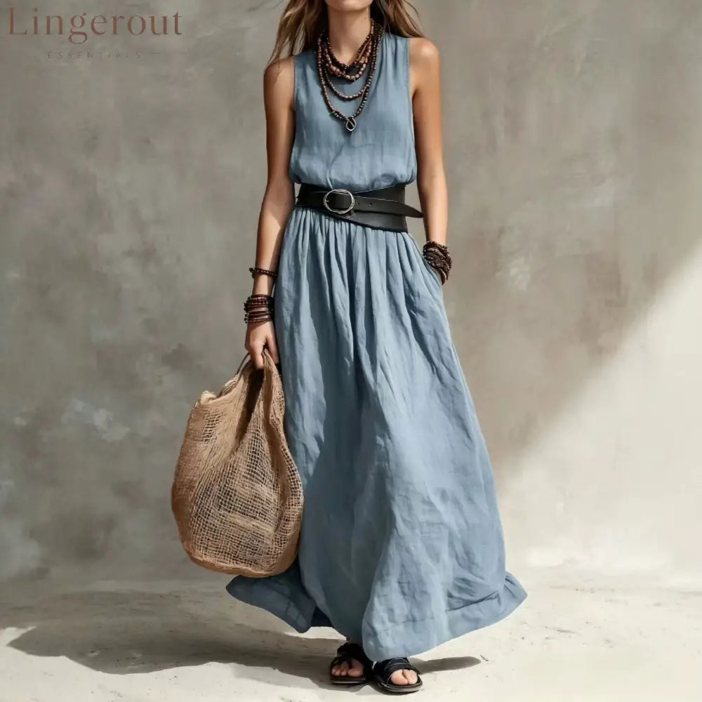 Sleeveless High-Neck Maxi Dress with Belt