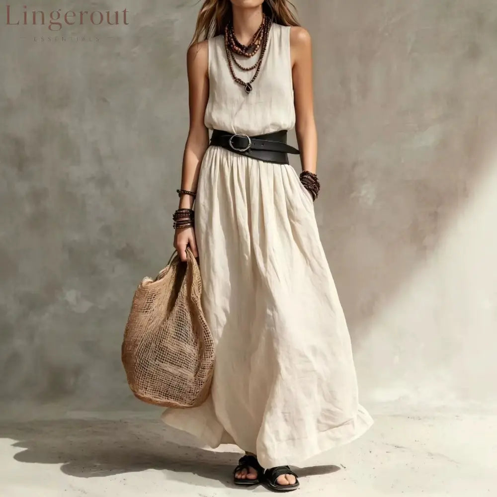 Sleeveless High-Neck Maxi Dress with Belt