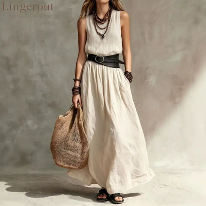 Sleeveless High-Neck Maxi Dress with Belt