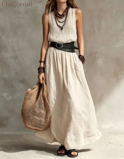 Sleeveless High-Neck Maxi Dress with Belt - Apricot / S